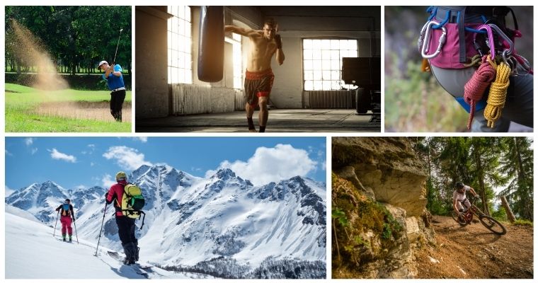 Collage de cinq activités en intérieur et en extérieur : golf sur un terrain vert, yoga dans une pièce ensoleillée, escalade en salle, ski sur une montagne enneigée et randonnée en forêt.
