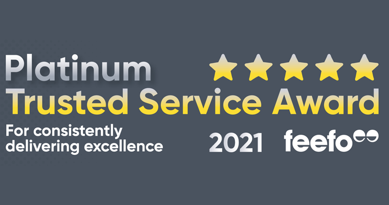 Platinum Trusted Service Award 2021 van Feefo voor het consequent leveren van uitmuntende service.